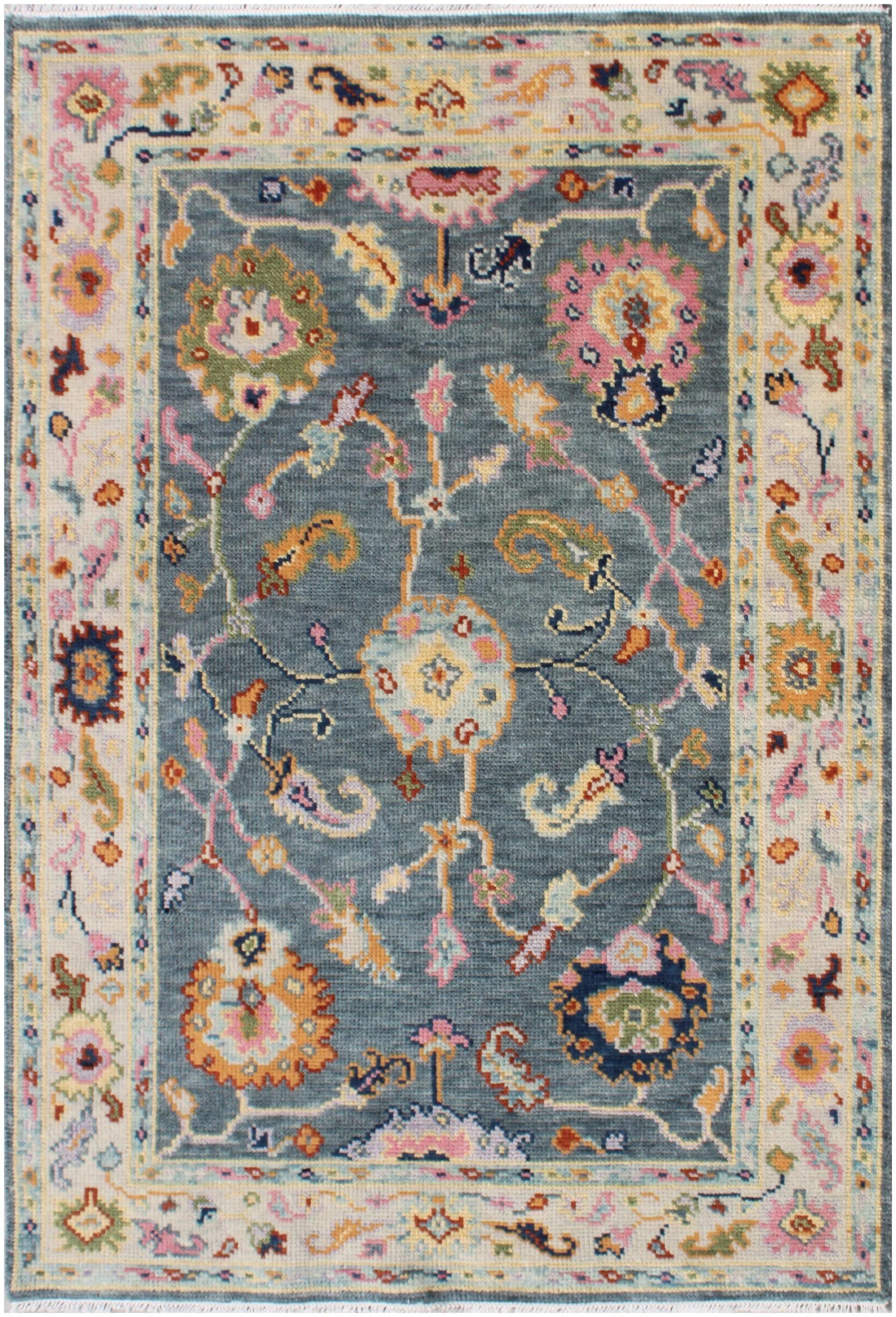 Hand Knotted Wool Oushak Rug, Slate Blue Sage Green Turkish Area Rug
