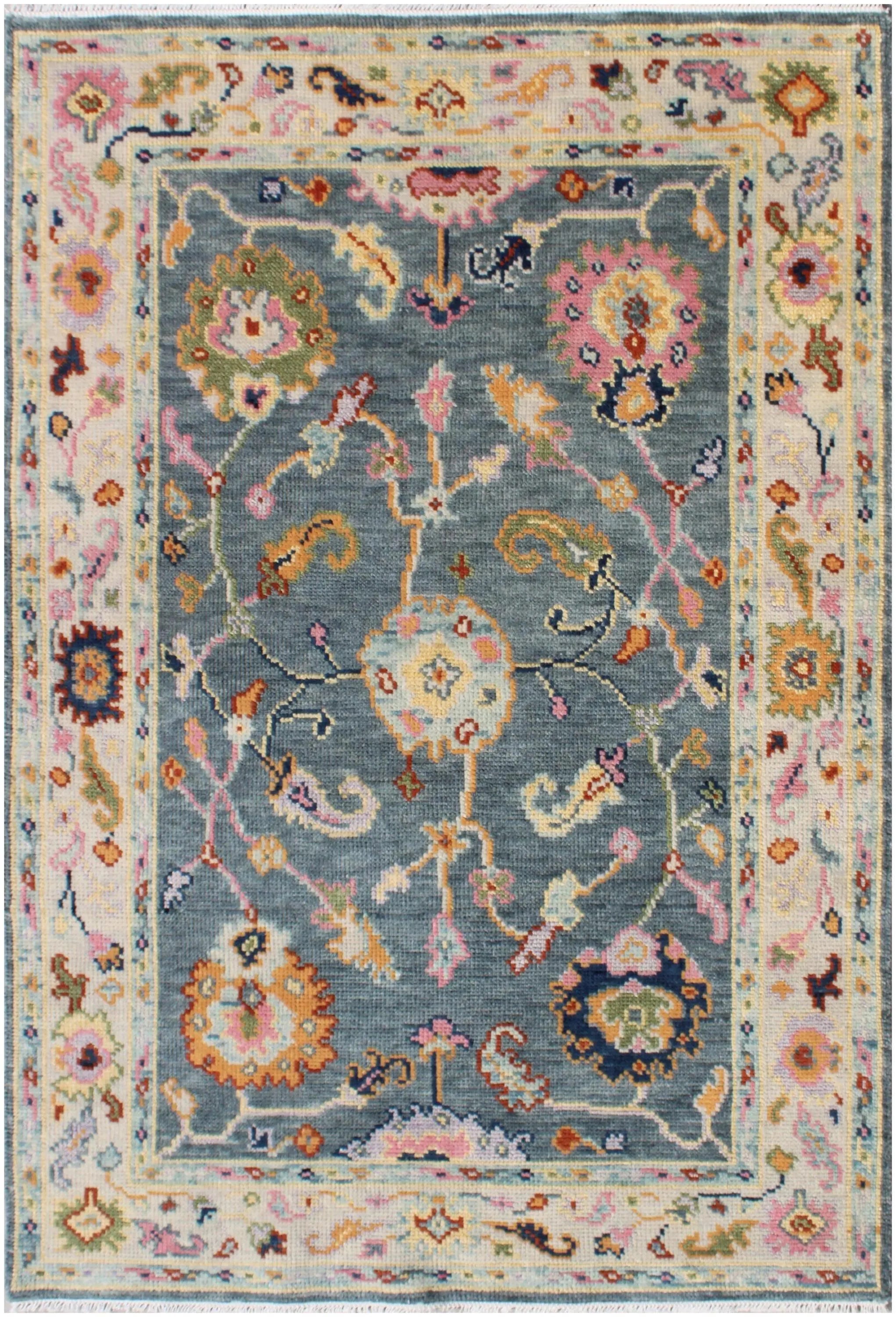 Hand Knotted Wool Oushak Rug, Slate Blue Sage Green Turkish Area Rug