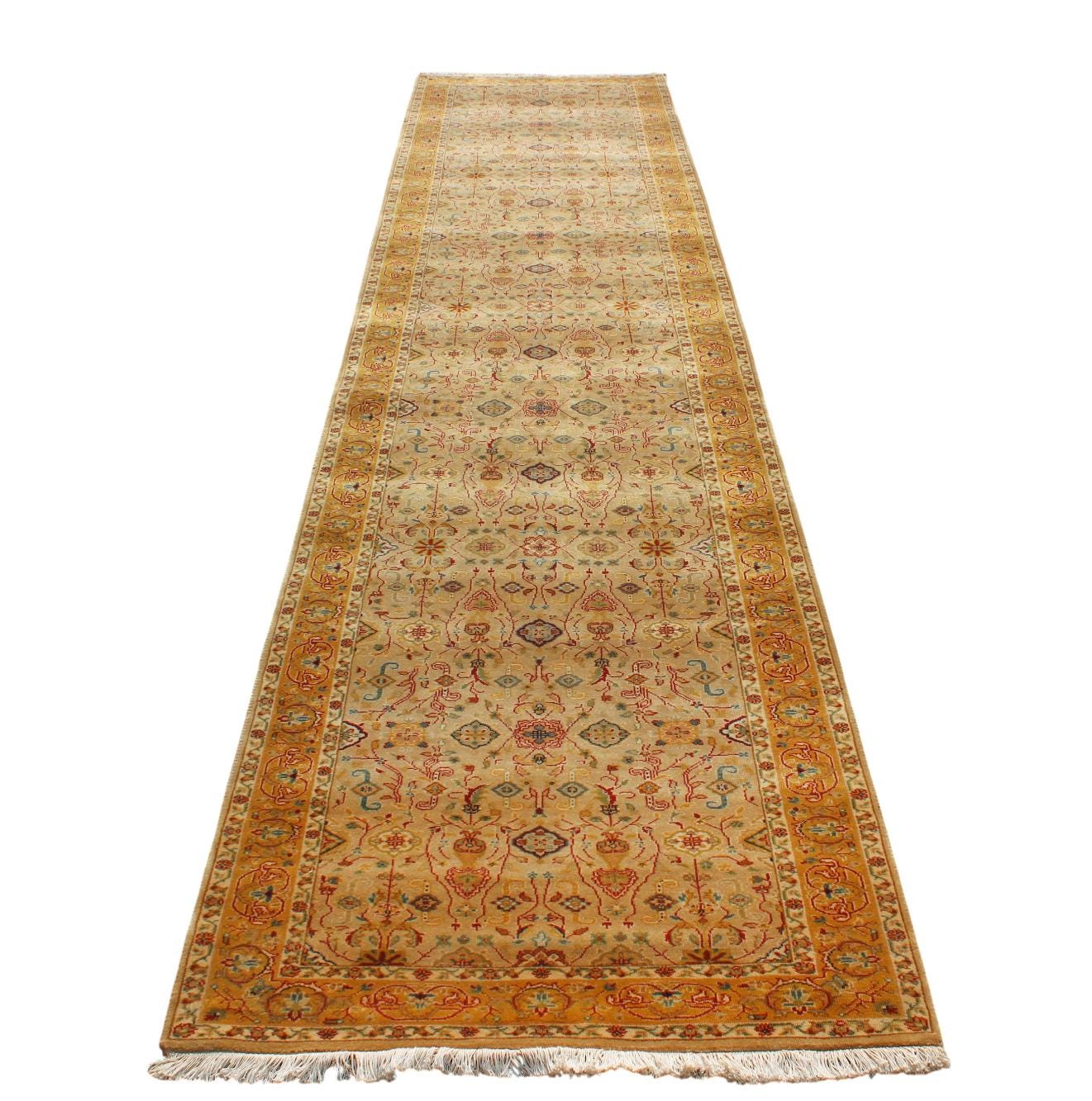 Handmade Wool Stair Runner 2.11x13 ft, Antique Oushak Style Turkish Hallway Rug, Hand Knotted Terracotta Floral Long Rug, Wide Stair Carpet