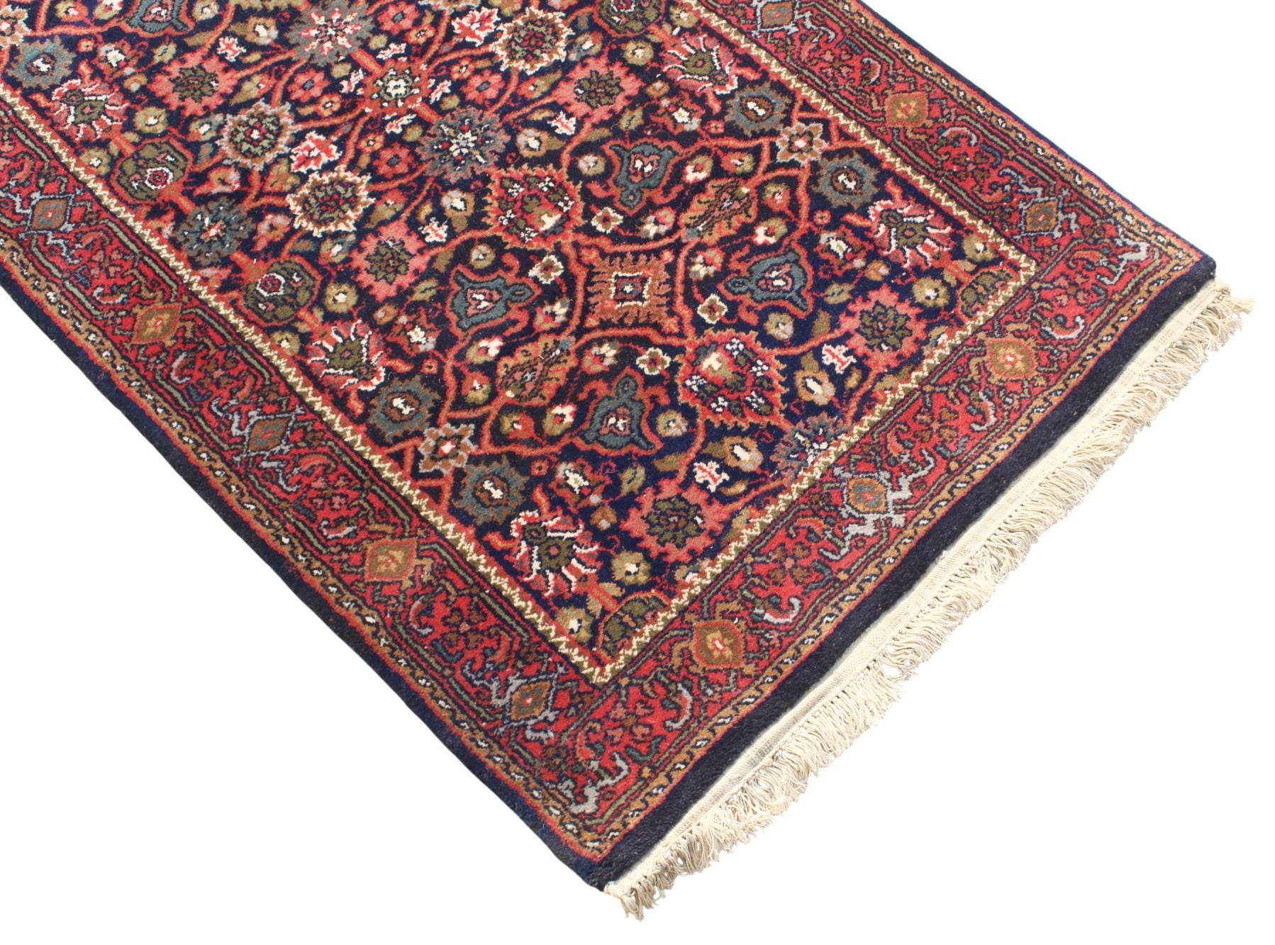 Antique Persian Wool Runner Rug 2.5x6.2 ft | Hand-Knotted Vintage Hallway Entryway Kitchen Rug | Dark Red & Navy Floral runner