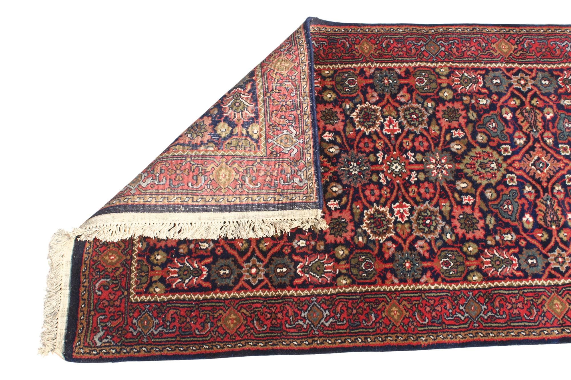 Antique Persian Wool Runner Rug 2.5x6.2 ft | Hand-Knotted Vintage Hallway Entryway Kitchen Rug | Dark Red & Navy Floral runner