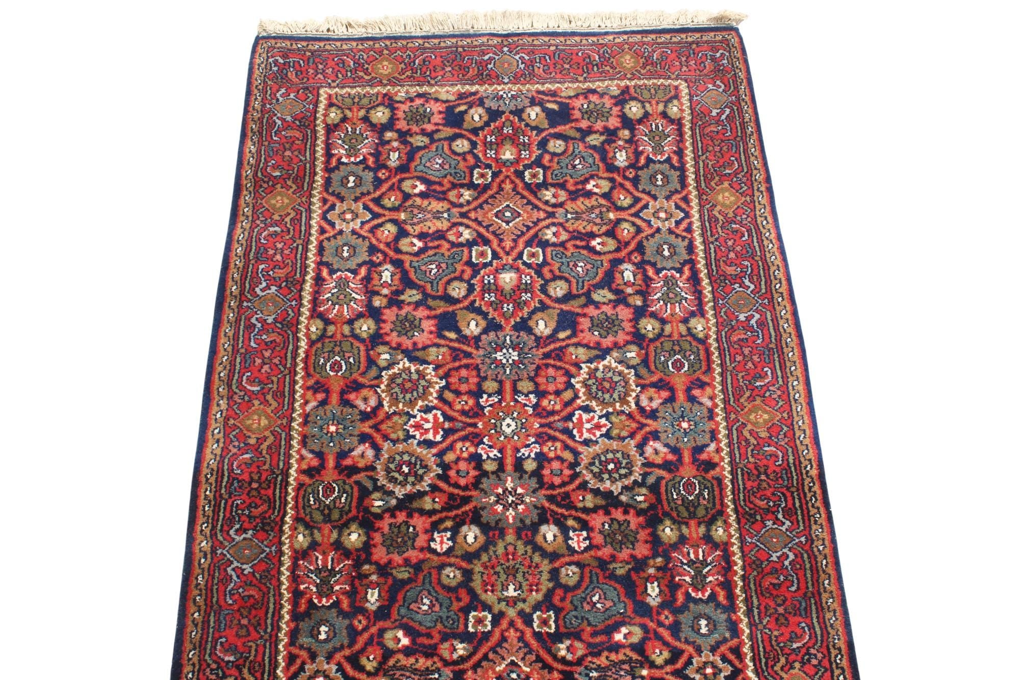 Antique Persian Wool Runner Rug 2.5x6.2 ft | Hand-Knotted Vintage Hallway Entryway Kitchen Rug | Dark Red & Navy Floral runner