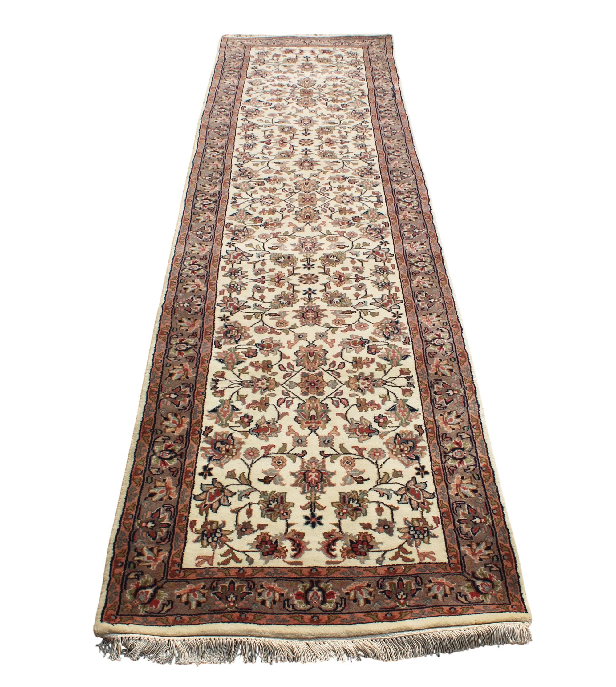 Hand-Knotted Wool Runner 2.5x9.4 ft - Vintage Style Floral Persian Rug - Cream & Sage Green Hallway Runner - Traditional Kitchen Rug Runner