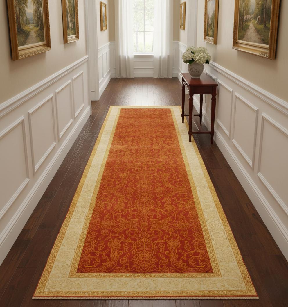 Luxurious 2.7x8.9 ft Handknotted Wool Runner, Premium Quality, Hallway & Entryway red orange Accent Rug, traditional Persian Design