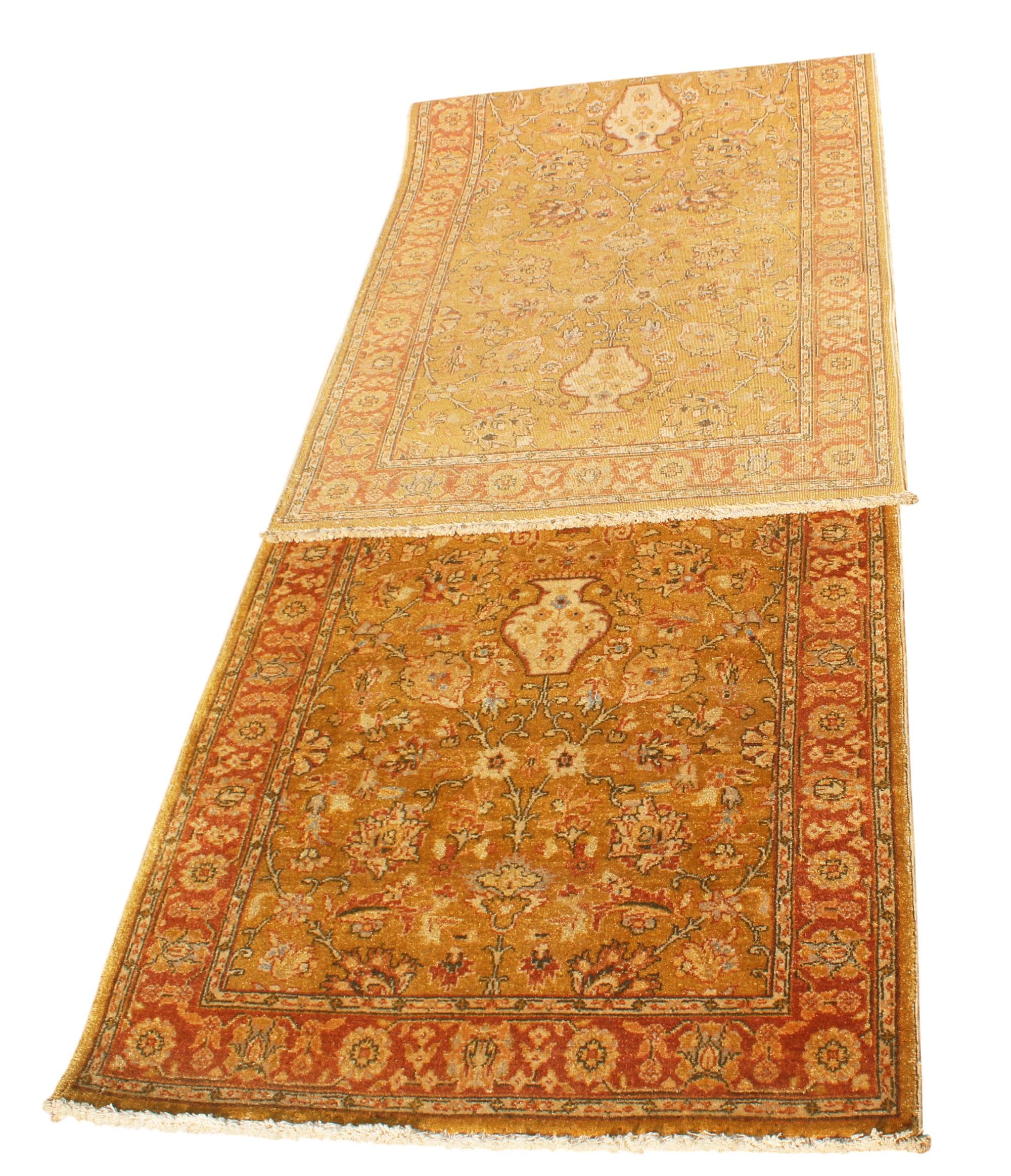 Hand Knotted 2.9x9.10 Ft Traditional Runner, Gold Wool Rug, Vintage Floral Persian Style Hallway Carpet, Luxury Long Kitchen Runner Rug