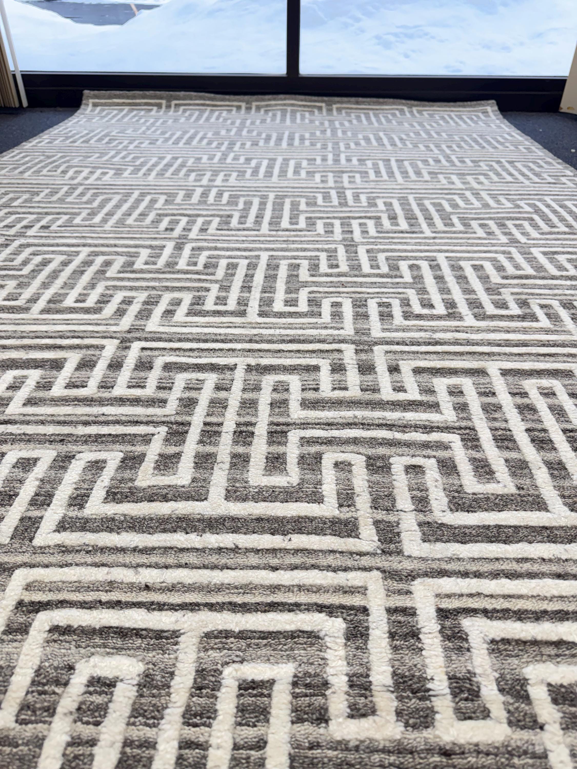 5x8 Greek Key Handwoven Wool Rug - Modern Geometric Area Rug in Charcoal & Cream - High Quality Neutral Textured Rug for Living Room