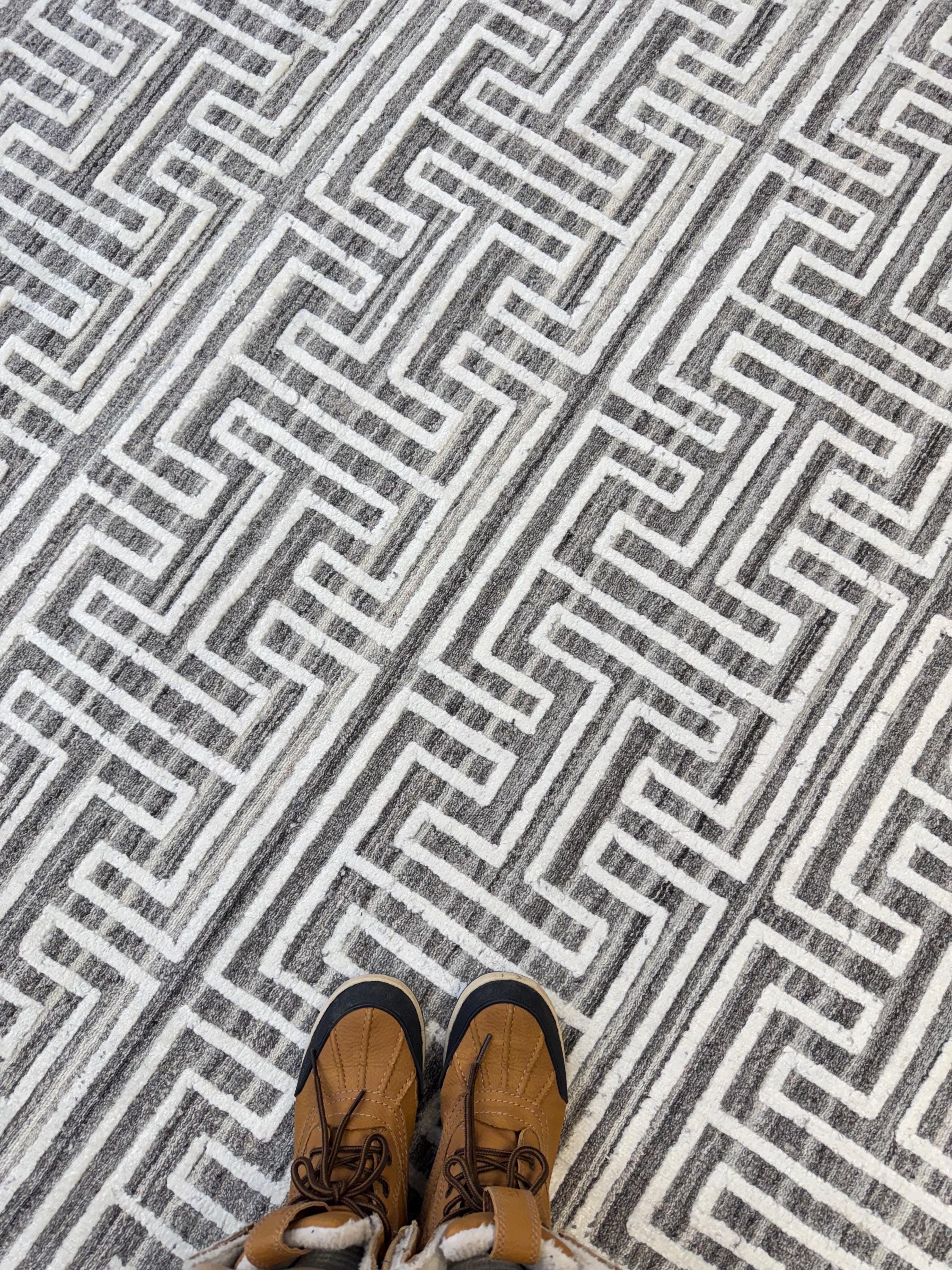 5x8 Greek Key Handwoven Wool Rug - Modern Geometric Area Rug in Charcoal & Cream - High Quality Neutral Textured Rug for Living Room