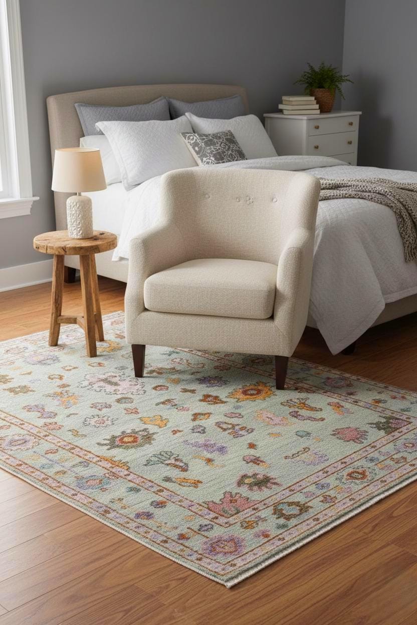 Muted Pastel Oushak Rug, Hand-Knotted Wool Area Rug, Sage Green Traditional Turkish Style Rug, Custom Sizes: 4x6,5x8, 6x9, 8x10, 9x12, 10x14