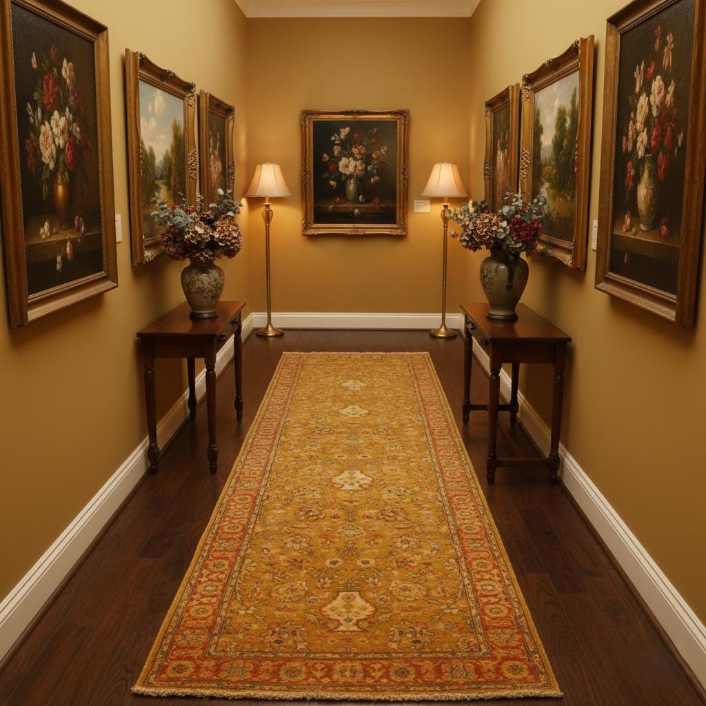 10 Ft Traditional Runner, Gold Wool Rug, Vintage Floral Persian Style Hallway Carpet