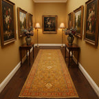 10 Ft Traditional Runner, Gold Wool Rug, Vintage Floral Persian Style Hallway Carpet