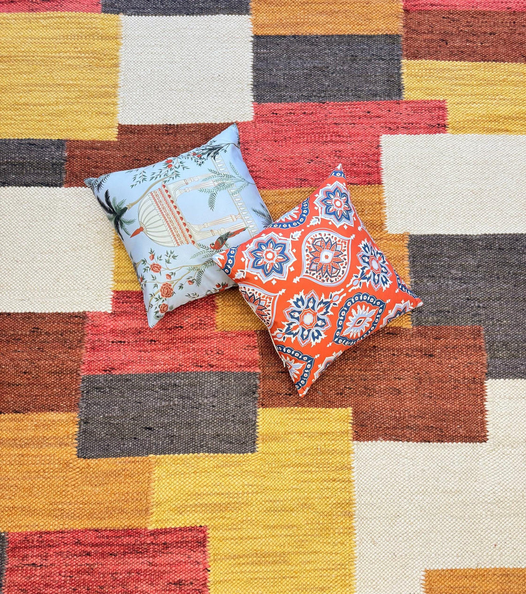 5.6x8.6 ft Colorful Wool Durrie Rug Hand-Woven Checkerboard Pattern area rug, Boho Farmhouse Decor handmade rug