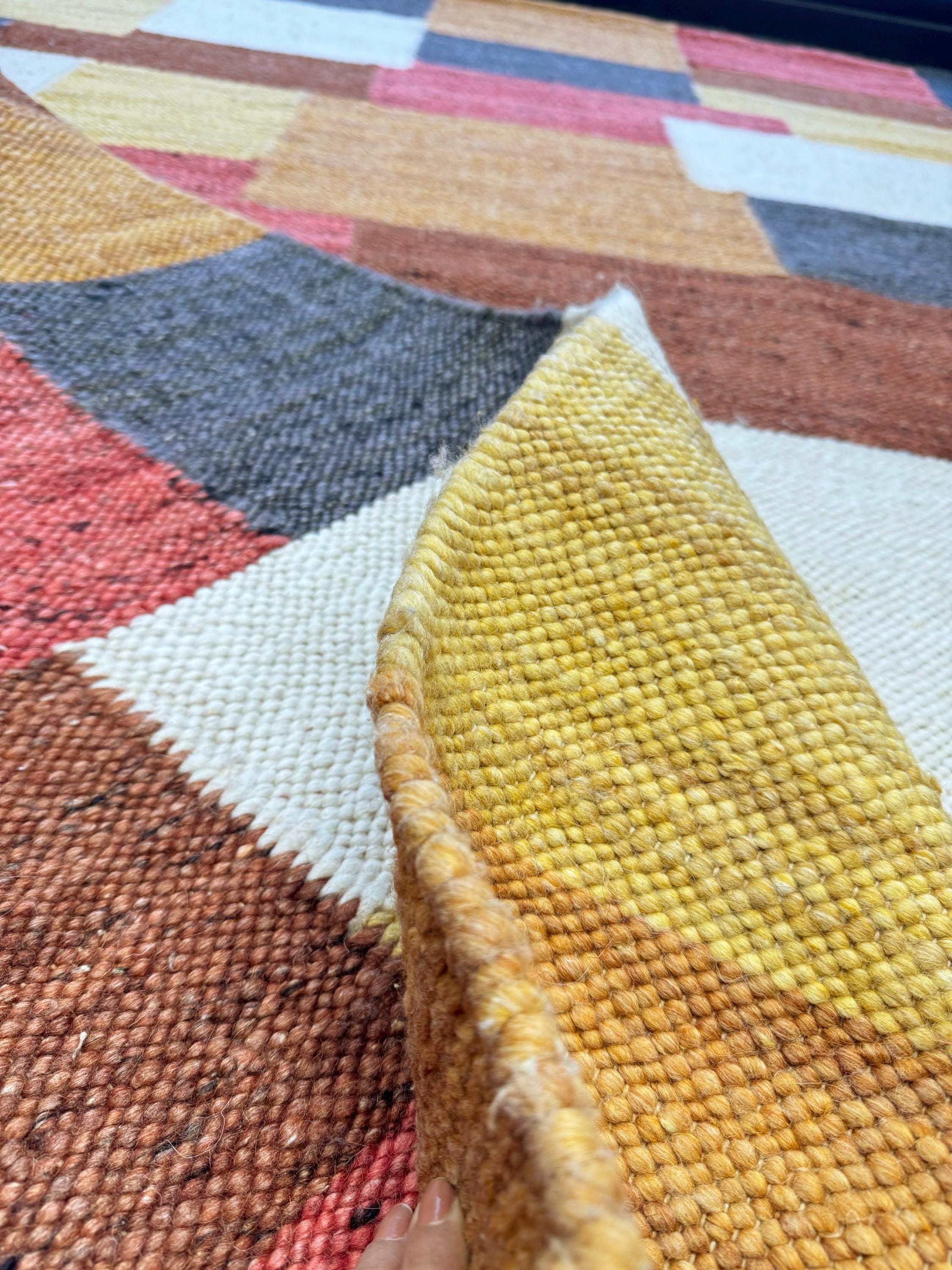 5.6x8.6 ft Colorful Wool Durrie Rug Hand-Woven Checkerboard Pattern area rug, Boho Farmhouse Decor handmade rug
