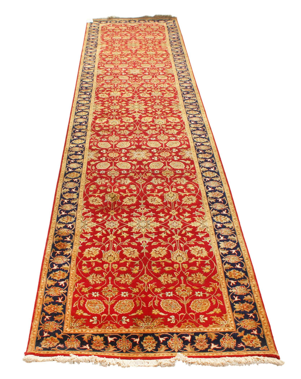 Exquisite 2.7x11 Red & Gold Floral Wool Runner -- Persian Style Entryway Decor