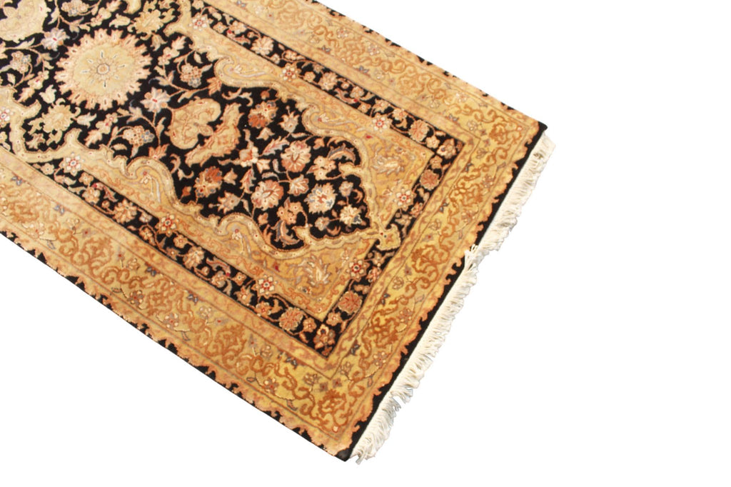 Antique 14 ft Tabriz style Runner, Black & Gold Oriental Hallway Runner, Traditional Persian Gallery Rug