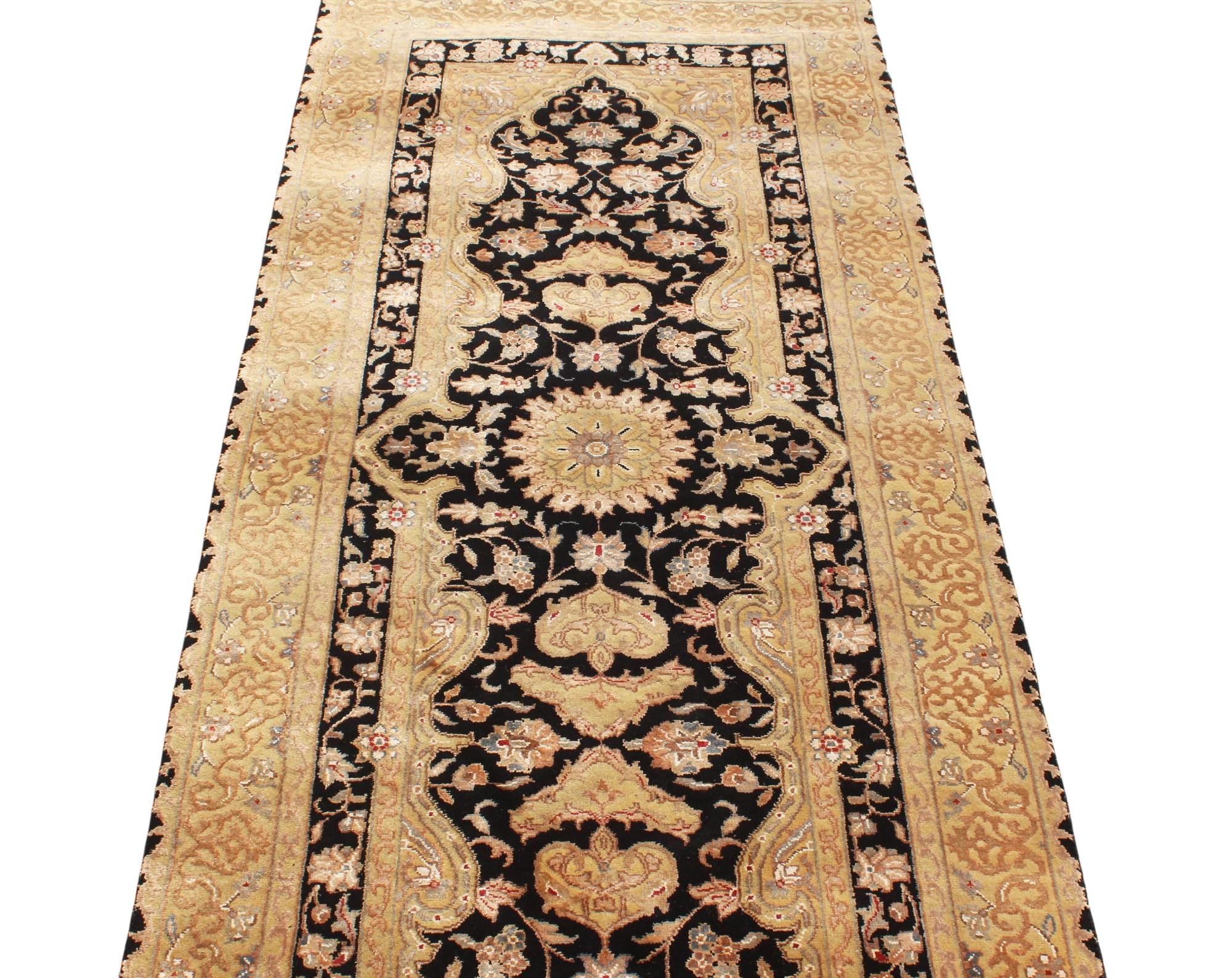 Antique 14 ft Tabriz style Runner, Black & Gold Oriental Hallway Runner, Traditional Persian Gallery Rug