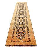 Antique 14 ft Tabriz style Runner, Black & Gold Oriental Hallway Runner, Traditional Persian Gallery Rug