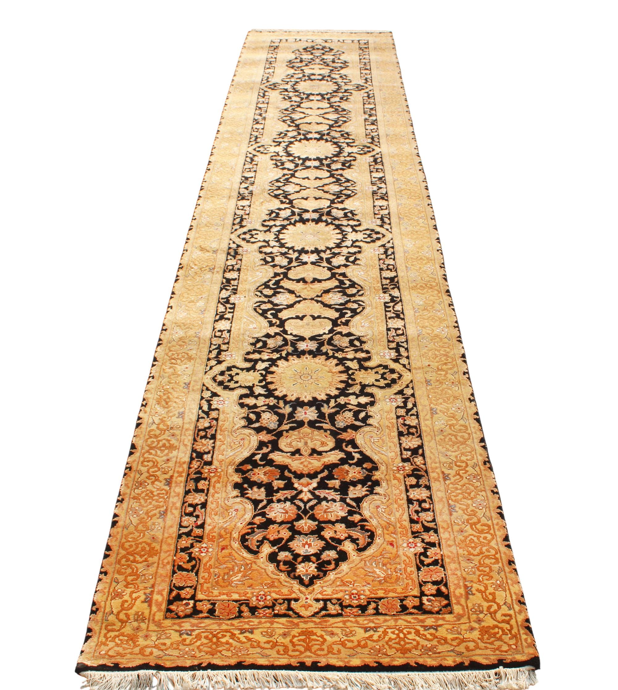 Antique 14 ft Tabriz style Runner, Black & Gold Oriental Hallway Runner, Traditional Persian Gallery Rug