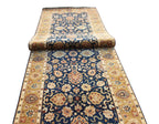 20ft Oversized Hallway Runner Rug, Antique Medallion Navy Gold Wool Gallery Rug
