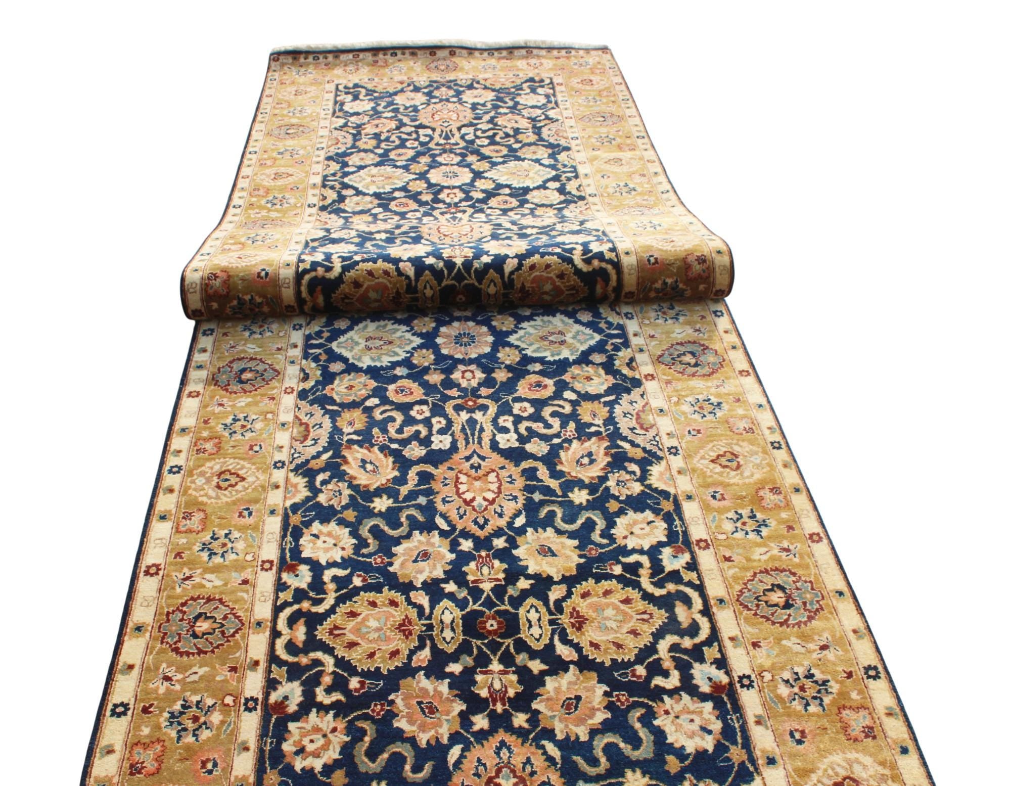 20ft Oversized Hallway Runner Rug, Antique Medallion Navy Gold Wool Gallery Rug