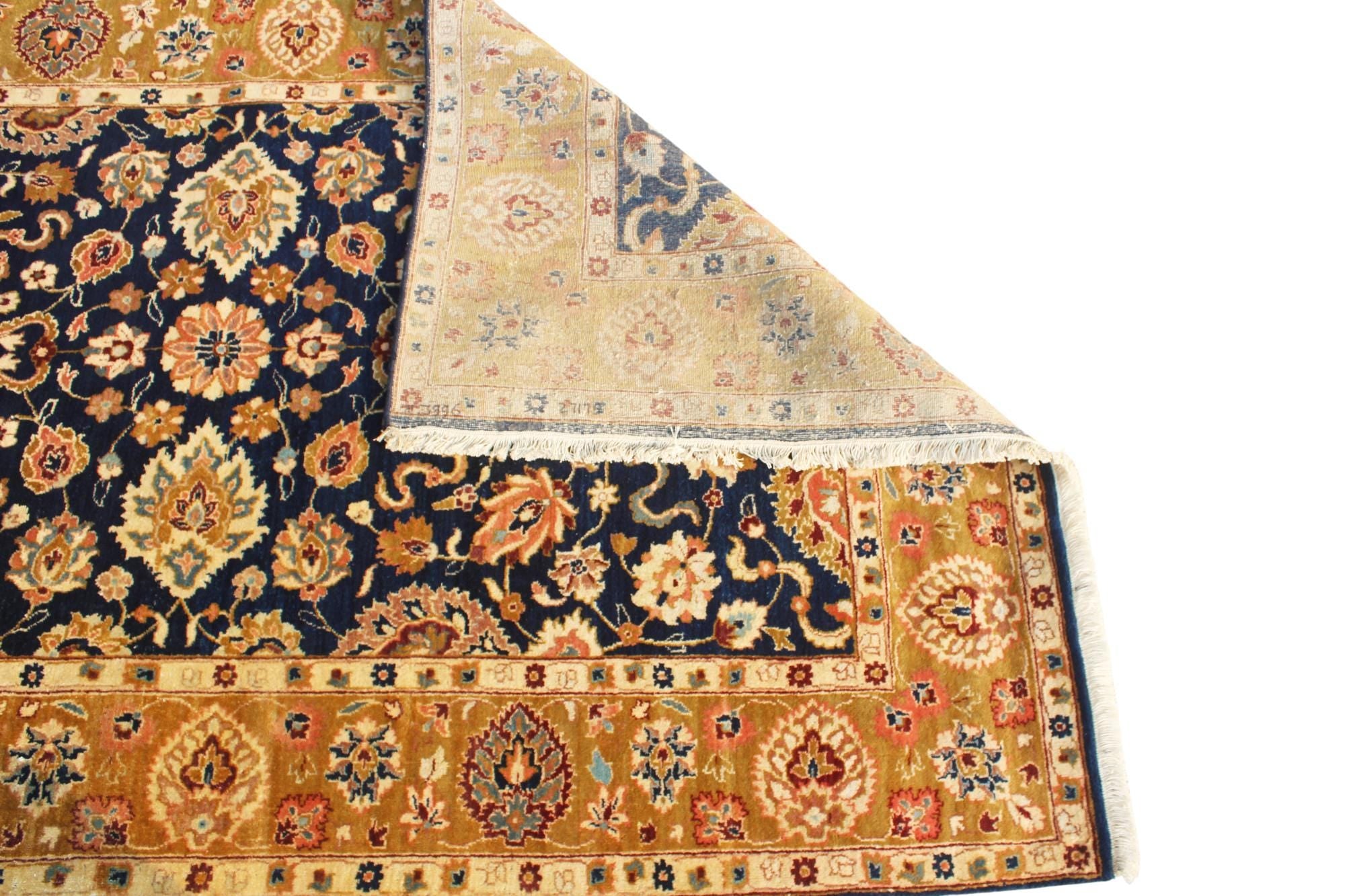 20ft Oversized Hallway Runner Rug, Antique Medallion Navy Gold Wool Gallery Rug