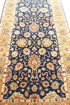 20ft Oversized Hallway Runner Rug, Antique Medallion Navy Gold Wool Gallery Rug