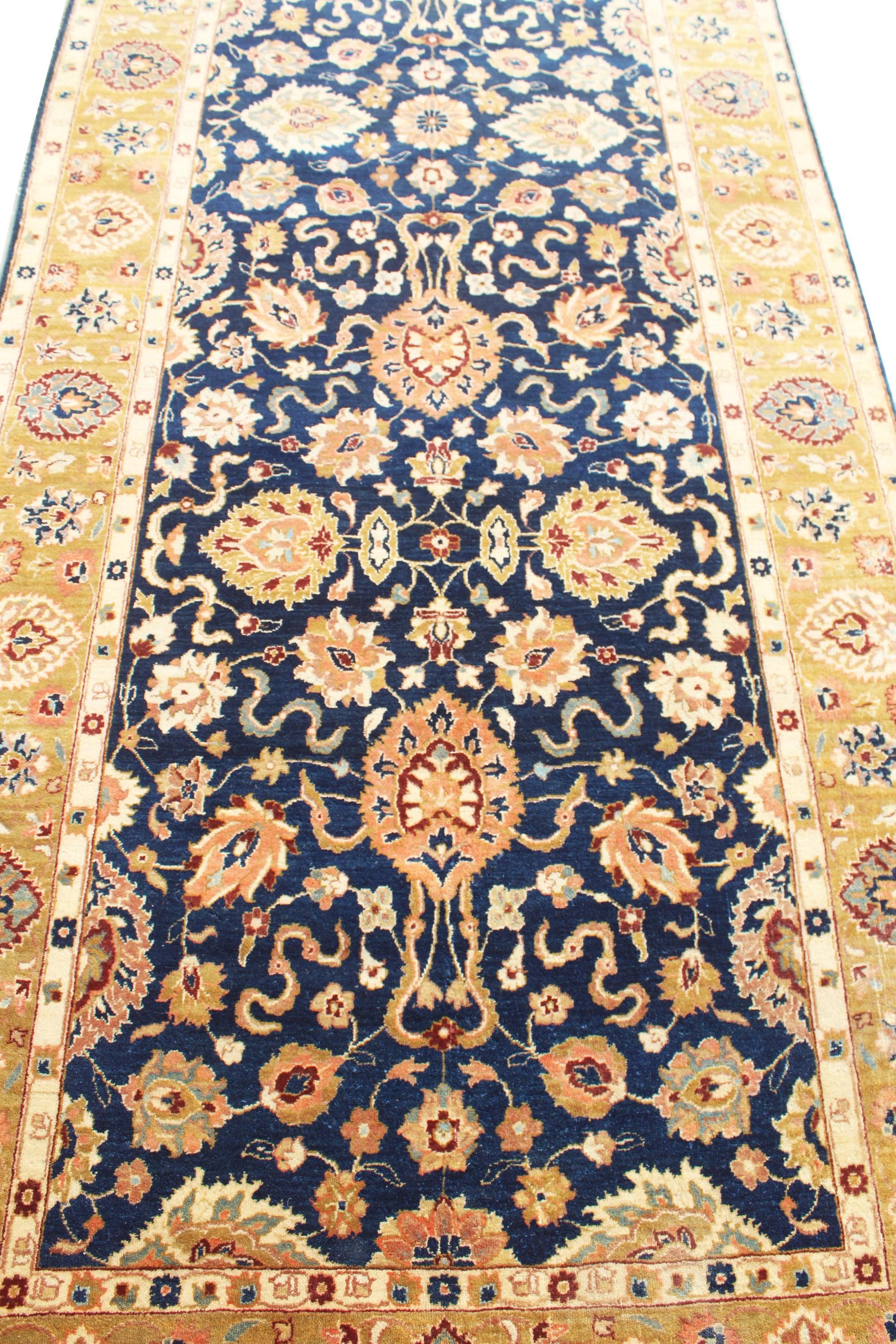 20ft Oversized Hallway Runner Rug, Antique Medallion Navy Gold Wool Gallery Rug