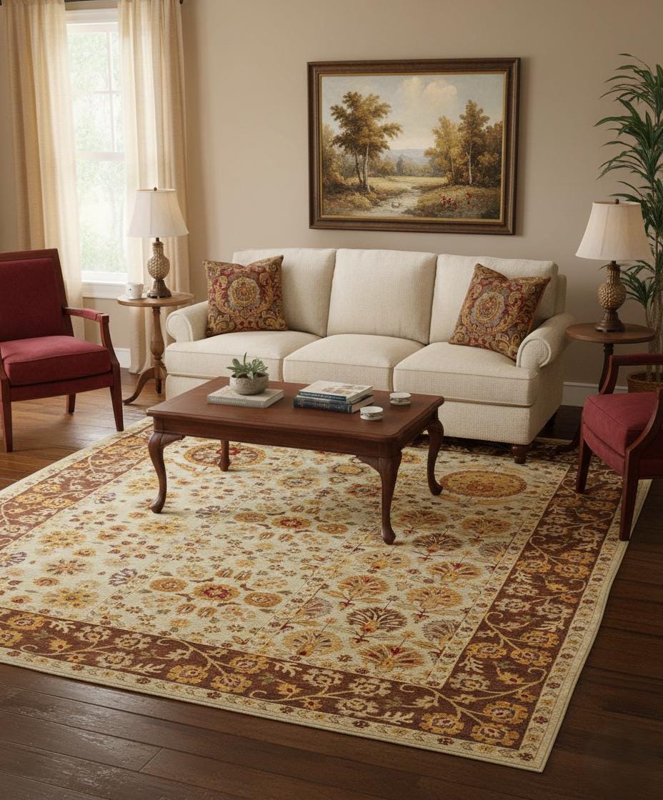 8x10 Hand Knotted Beige and Brown Oriental area Rug for Living Room