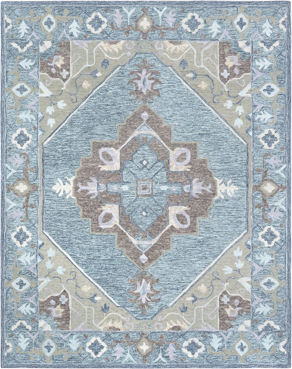 5x8 ft Serene Heritage Hand-Tufted Wool Rug | 8x10 ft Dusty Blue & Sage Medallion