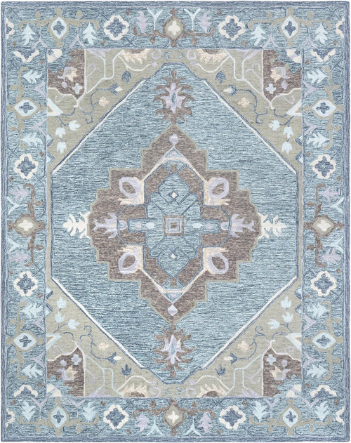 5x8 ft Serene Heritage Hand-Tufted Wool Rug | 8x10 ft Dusty Blue & Sage Medallion