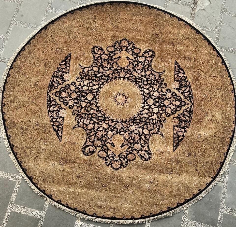 Luxury 10x10 Round Hand-Knotted Area Rug Premium Wool & Silk Black Gold Large Medallion Oriental Carpet High-End Living Room Decor