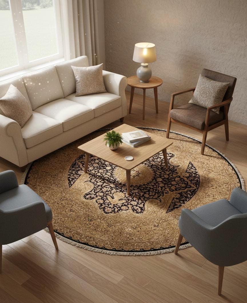 Luxury 10x10 Round Hand-Knotted Area Rug Premium Wool & Silk Black Gold Large Medallion Oriental Carpet High-End Living Room Decor