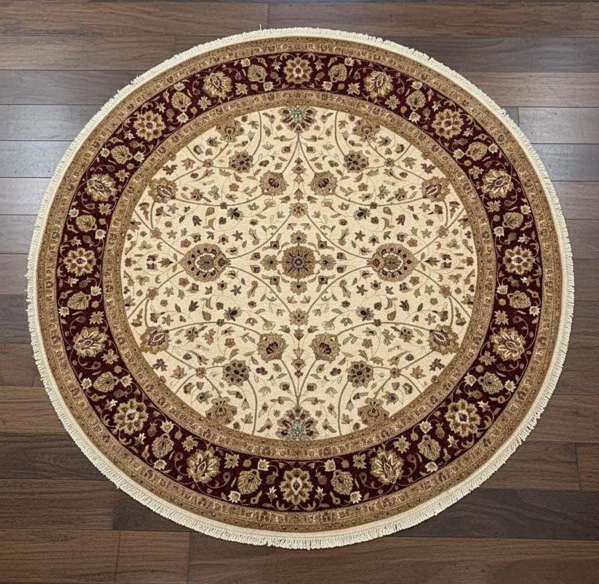 9x9 Hand-Knotted Round Wool Rug, Exquisite Medallion Design in Cream & Royal Burgundy Traditional Floral Oriental vintage Area Rug