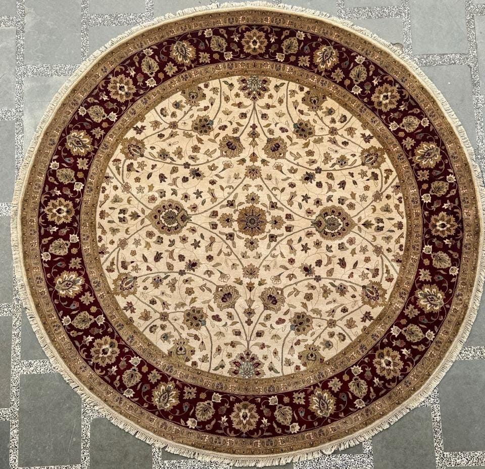 9x9 Hand-Knotted Round Wool Rug, Exquisite Medallion Design in Cream & Royal Burgundy Traditional Floral Oriental vintage Area Rug
