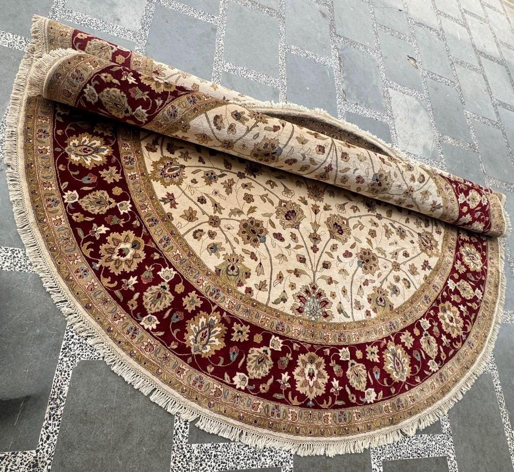 9ft Round Cream & Royal Burgundy Traditional Floral Oriental vintage Area Rug
