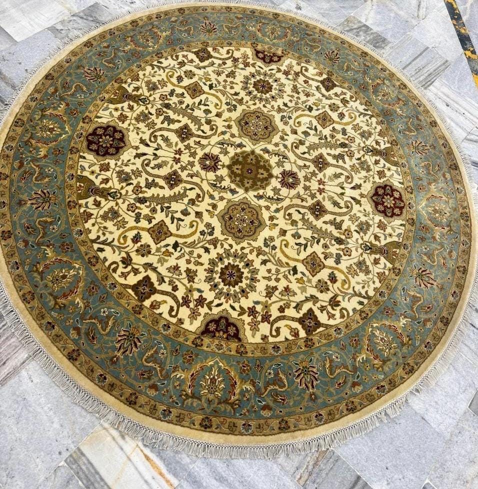 Hand-Knotted Round Wool area Rug -Vintage Floral Medallion Rug in Sage & Ochre- 6x6,  8x8 ft handwoven Floral Rug with Fringes