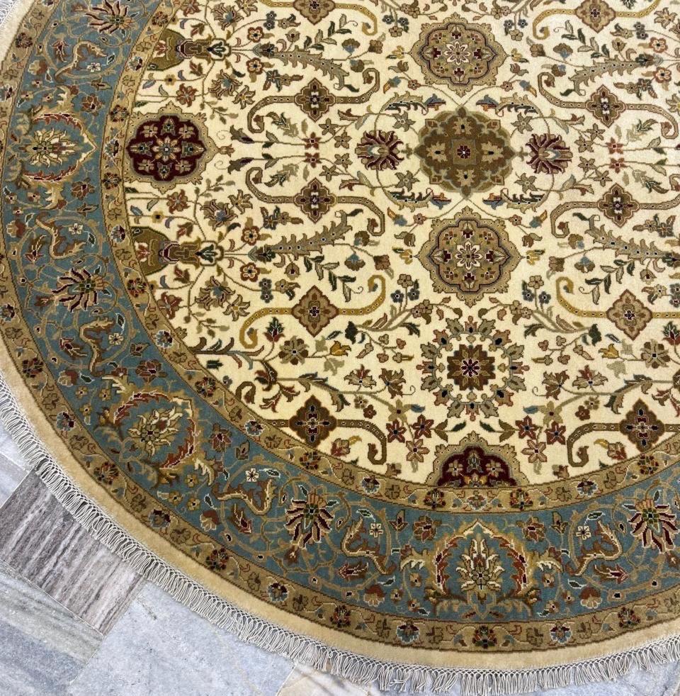 Hand-Knotted Round Wool area Rug -Vintage Floral Medallion Rug in Sage & Ochre- 6x6,  8x8 ft handwoven Floral Rug with Fringes