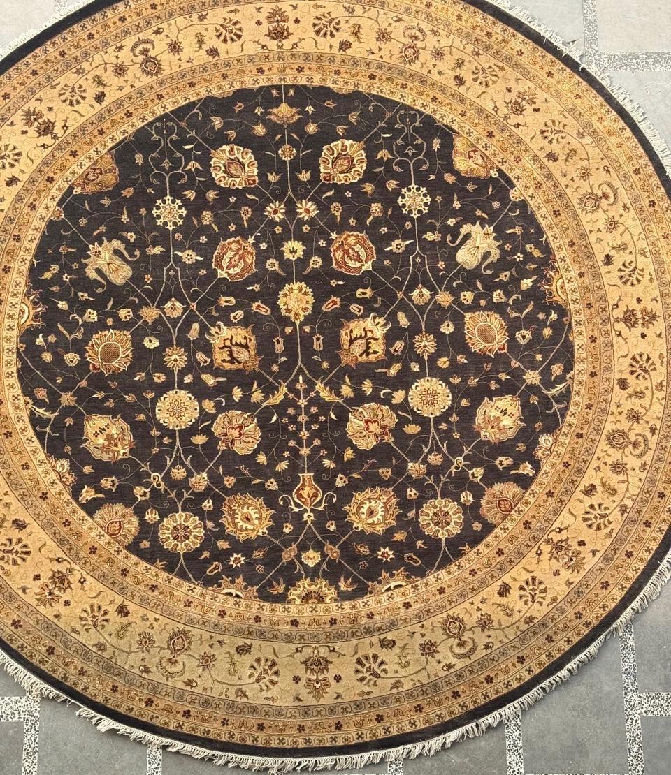 10x10 Round Hand-Knotted NZ Wool and Silk Rug - Traditional Floral Mandala Area Carpet - Large Circular Persian Style Rug for Dining Room