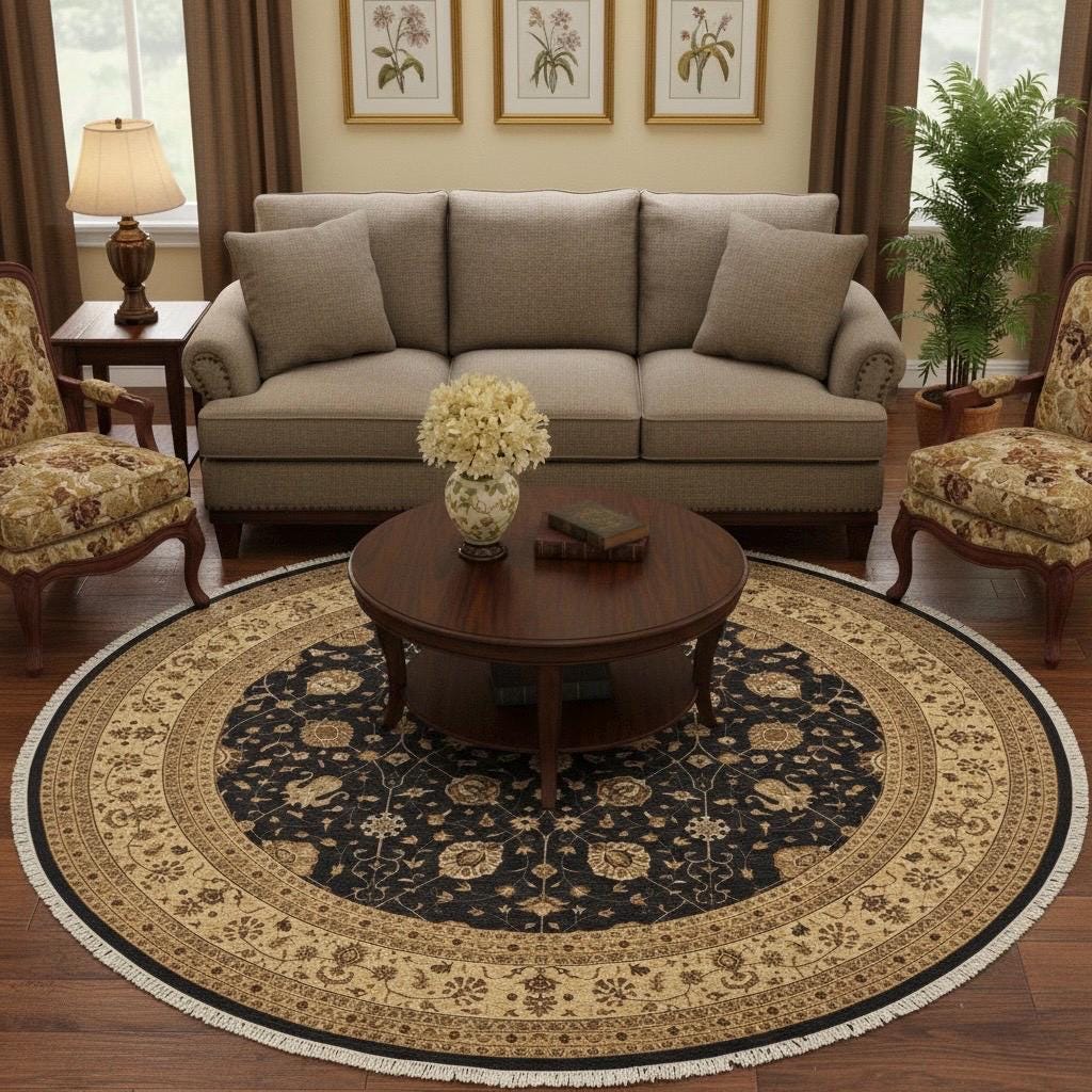 10x10 Round Hand-Knotted NZ Wool and Silk Rug - Traditional Floral Mandala Area Carpet - Large Circular Persian Style Rug for Dining Room