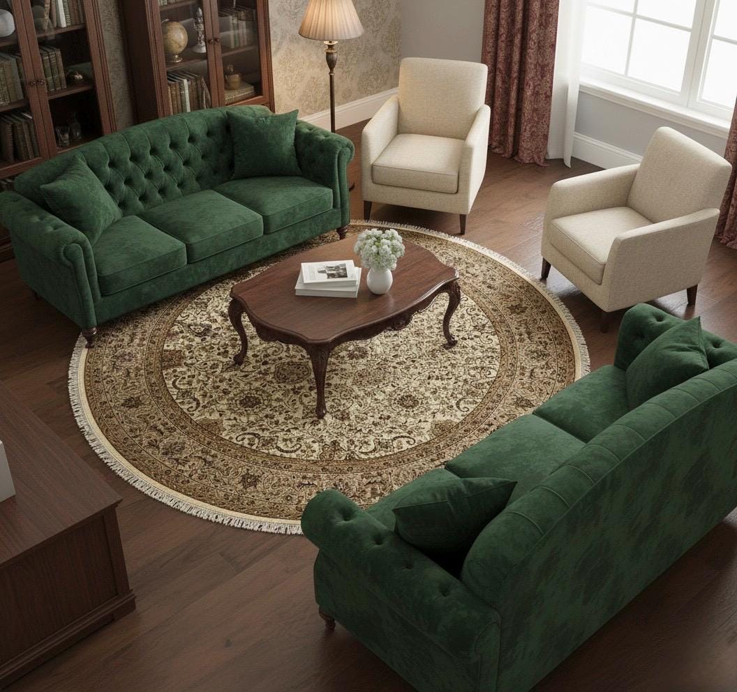 Hand-Knotted Round Wool area Rug -Vintage Floral Medallion Rug in Ivory & Camel 8x8 ft handwoven Floral Rug with Fringes