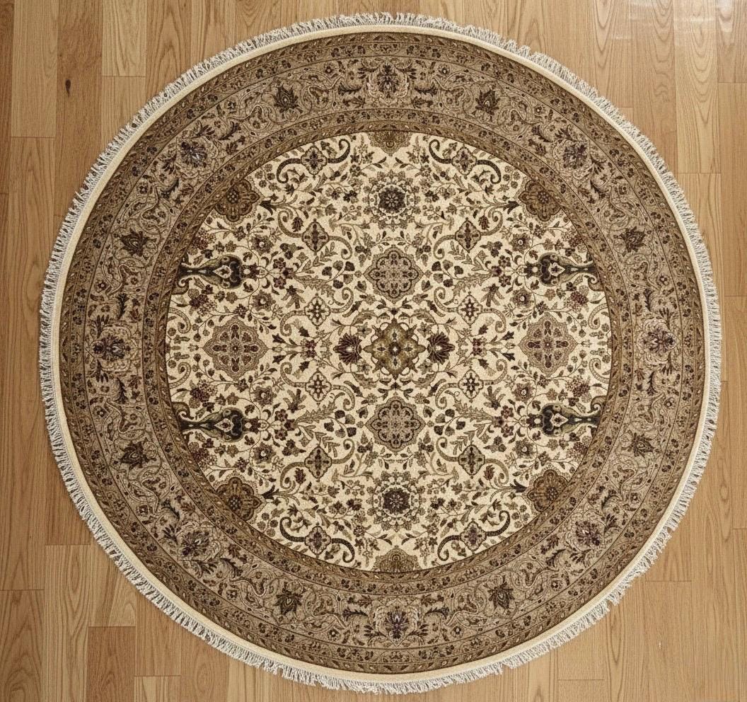 Hand-Knotted Round Wool area Rug -Vintage Floral Medallion Rug in Ivory & Camel 8x8 ft handwoven Floral Rug with Fringes