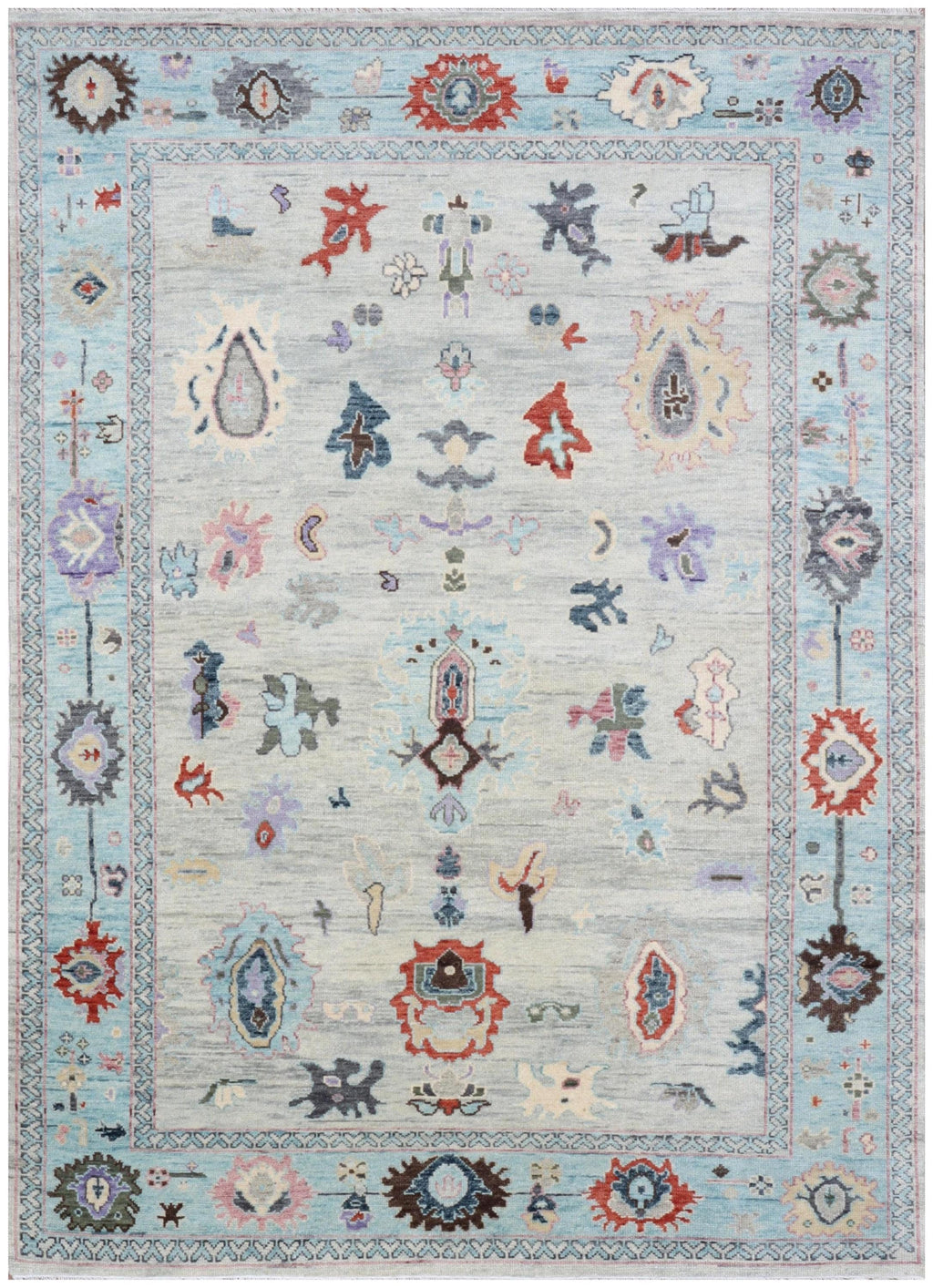 Vibrant Hand-Knotted Pastel Oushak Wool Rug