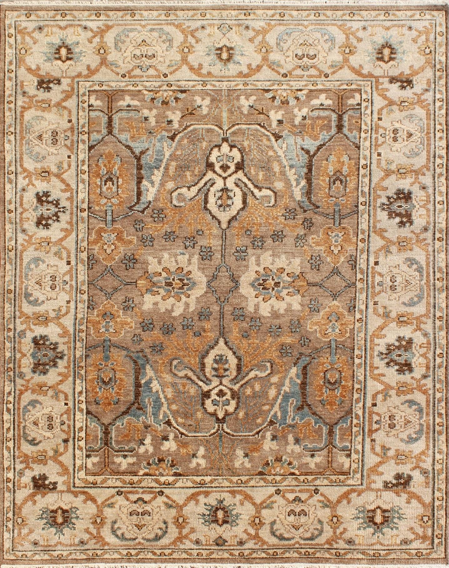 8x10 Hand-Knotted Wool Rug | Terracotta & Slate Blue Traditional Oushak