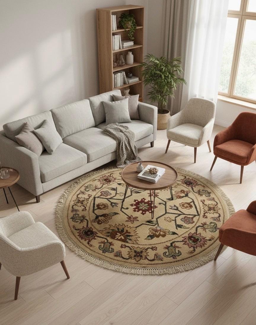 3x3 Hand-Knotted Wool Area Rug - Round Floral Medallion Rug - Small Traditional Beige & Burgundy Circle Rug - Authentic Handmade Accent Rug