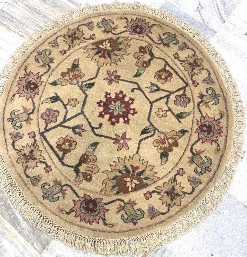 3x3 Hand-Knotted Wool Area Rug - Round Floral Medallion Rug - Small Traditional Beige & Burgundy Circle Rug - Authentic Handmade Accent Rug