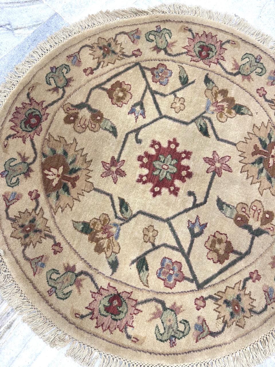 3x3 Hand-Knotted Wool Area Rug - Round Floral Medallion Rug - Small Traditional Beige & Burgundy Circle Rug - Authentic Handmade Accent Rug