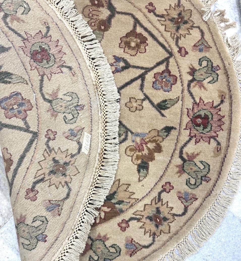 3x3 Hand-Knotted Wool Area Rug - Round Floral Medallion Rug - Small Traditional Beige & Burgundy Circle Rug - Authentic Handmade Accent Rug