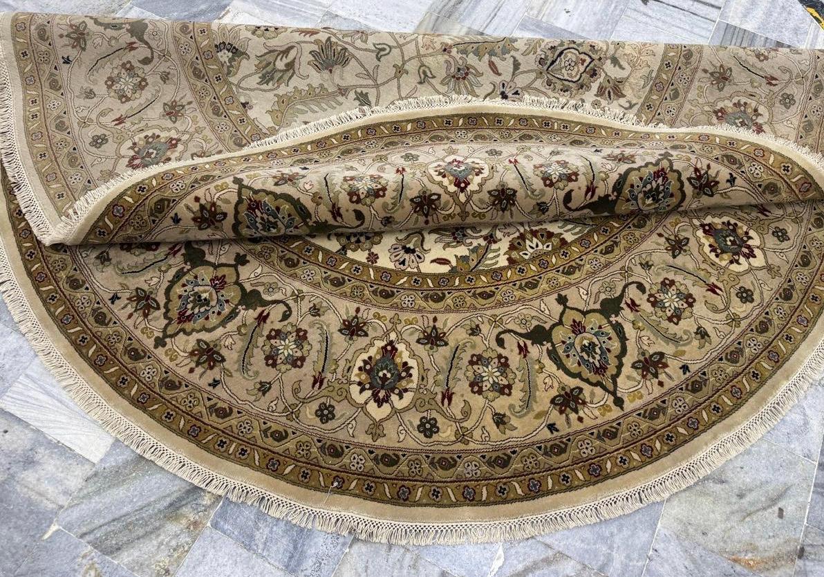 8x8 Round Hand-Knotted Wool Rug - Authentic Persian Style ivory camel - Traditional Floral Medallion Area Rug - High-End Living Room