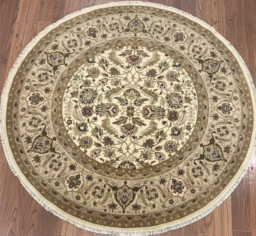 8x8 Round Hand-Knotted Wool Rug - Authentic Persian Style ivory camel - Traditional Floral Medallion Area Rug - High-End Living Room