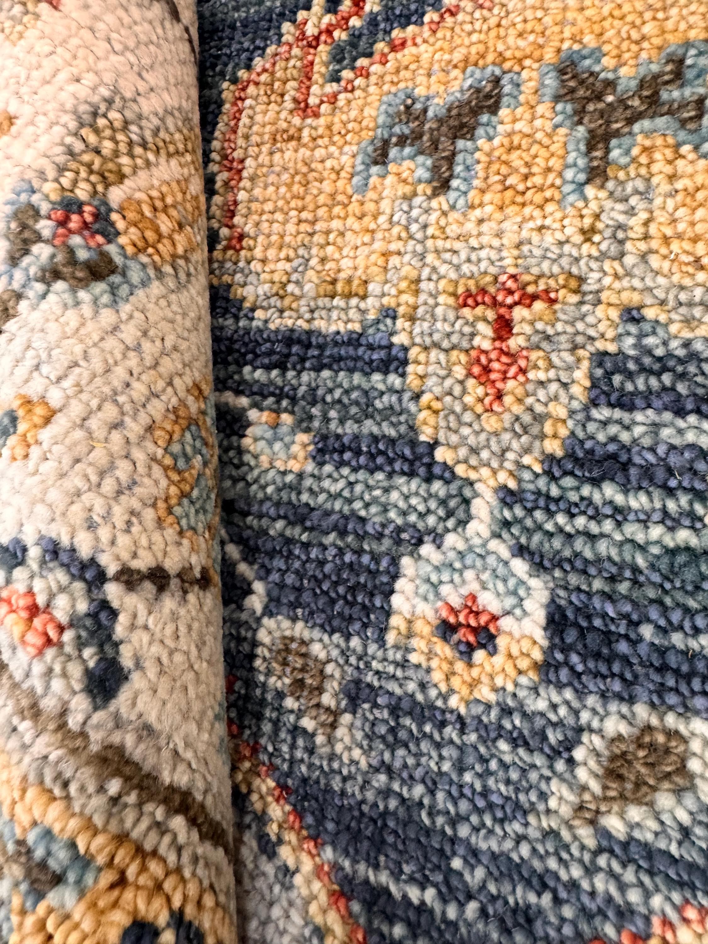 8x10 Hand-Knotted Mid-Century Modern Area Rug | Earthy Blue, Sage Green & Cream