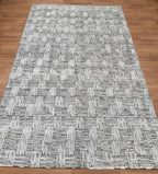Modern Hand-Knotted Wool Rug - 6x9 (5'10" x 8'10") Geometric Maze Design Black and White Textured Area Rug Contemporary Neutral Home Decor